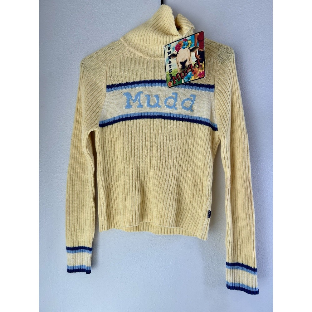 Vintage NOS Y2K Mudd Embroidered Logo‎ Turtleneck Sweater - Yellow, Large.